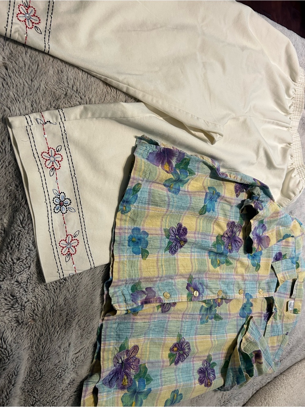 Floral Plaid Button-Up Shirt with Cream Embroidered Pants